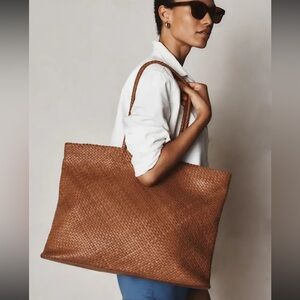 New Quince Italian leather Hand Woven Tote in Cognac